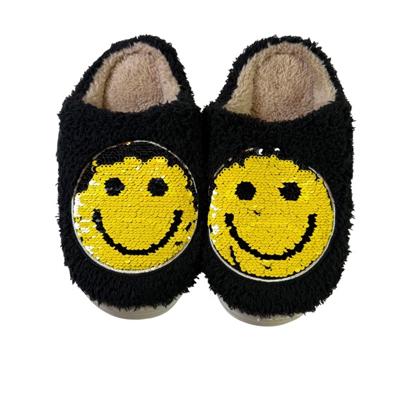 Smiley Face Slippers Fuzzy Flip Sequin Novelty Slides Black 9/10 (40-41)‎ - Picture 1 of 5